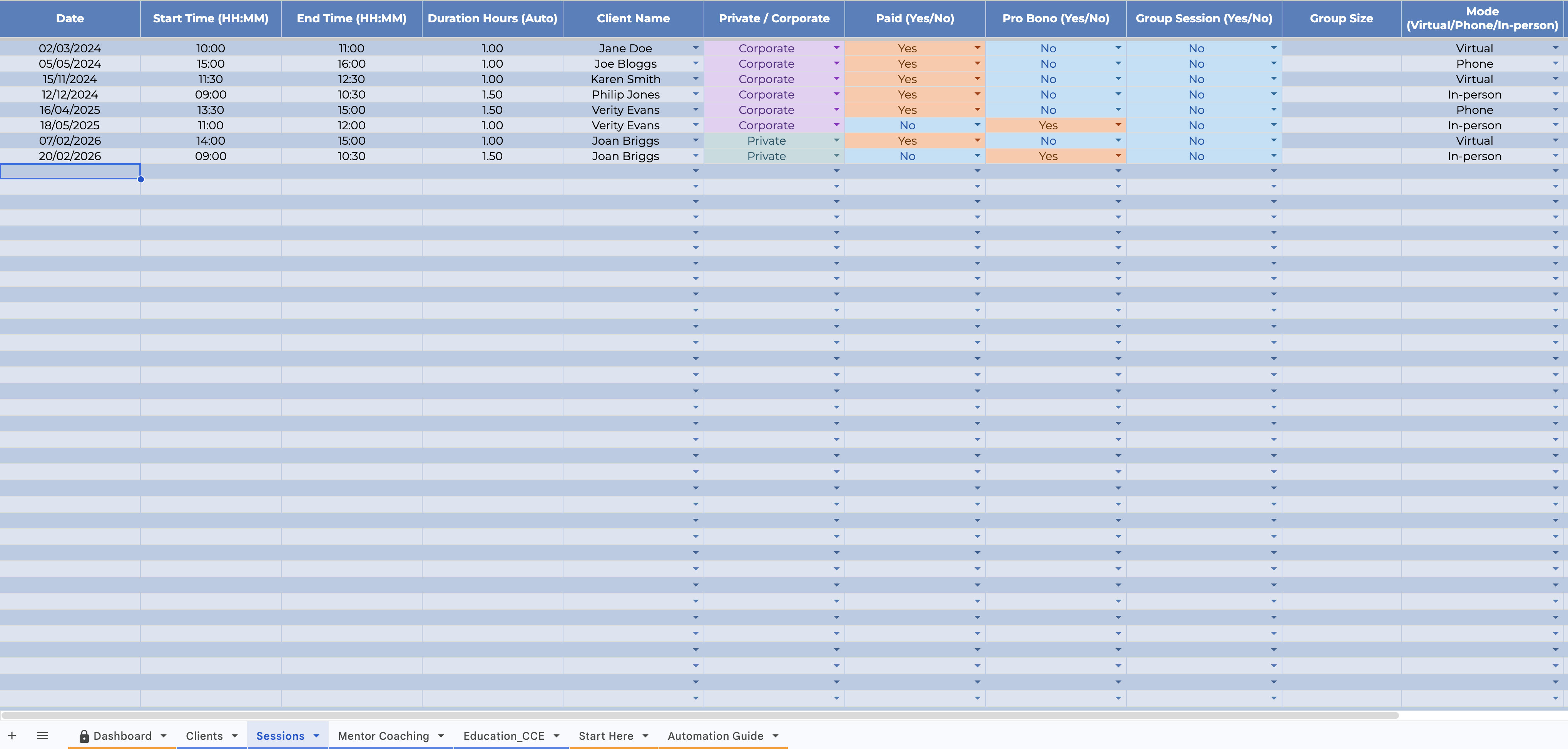ICF Coaching Log - Sessions Tab