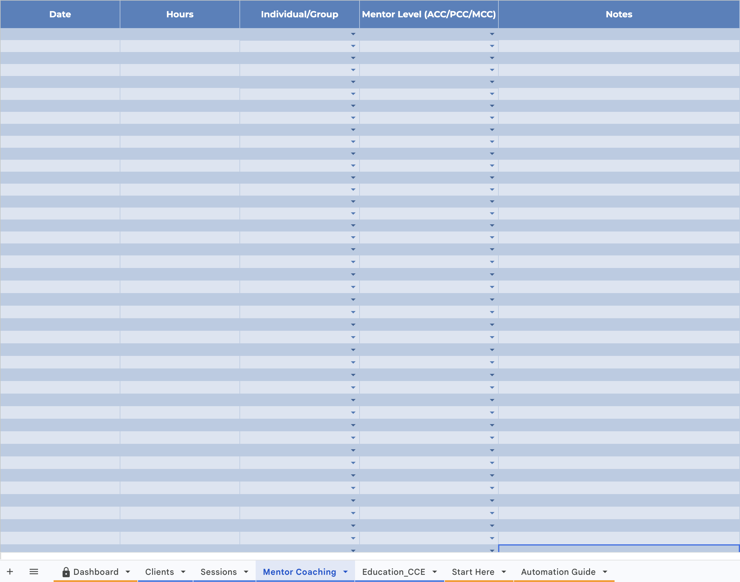 ICF Coaching Log - Mentor Coaching Tab