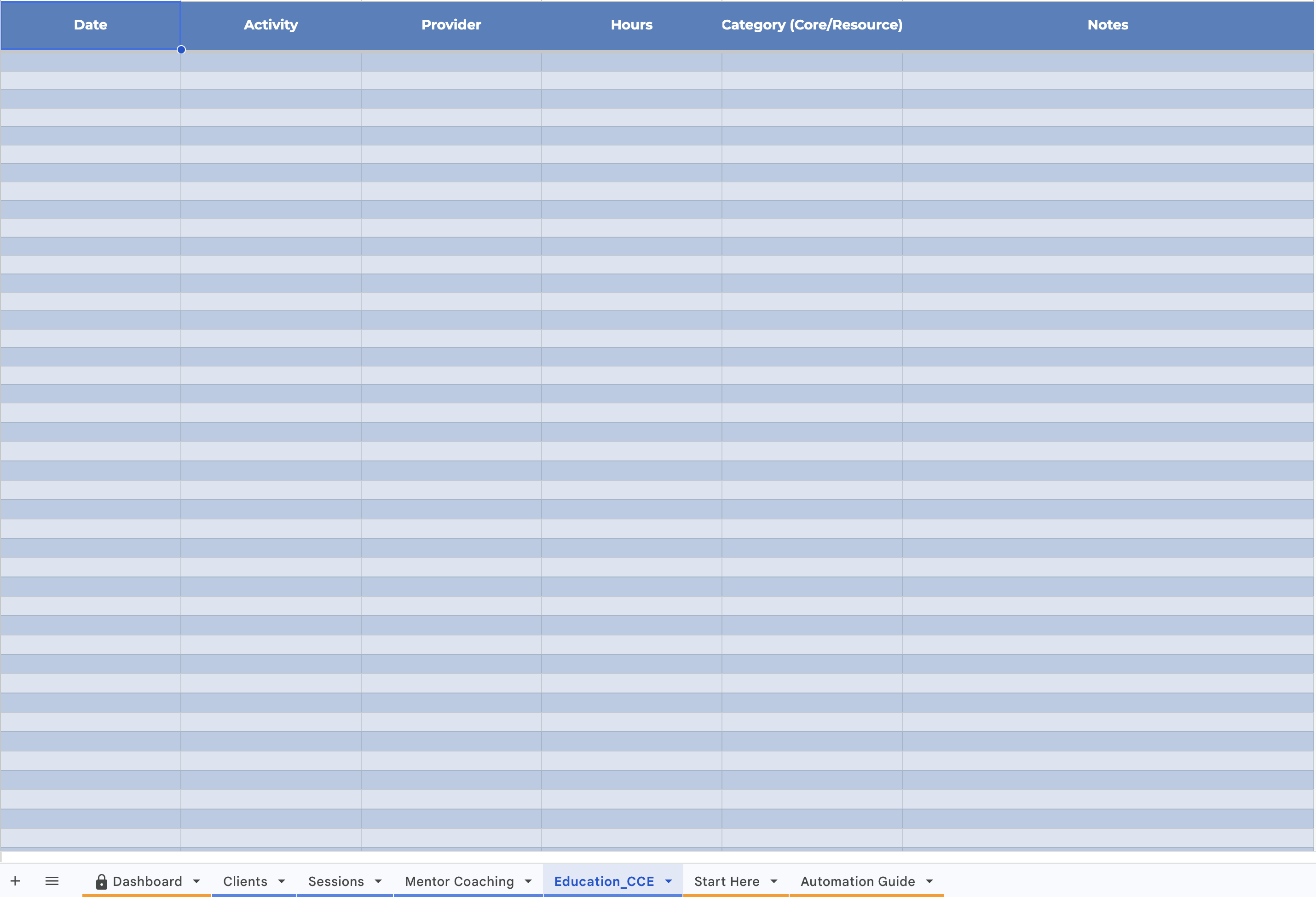 ICF Coaching Log - CCE Tab